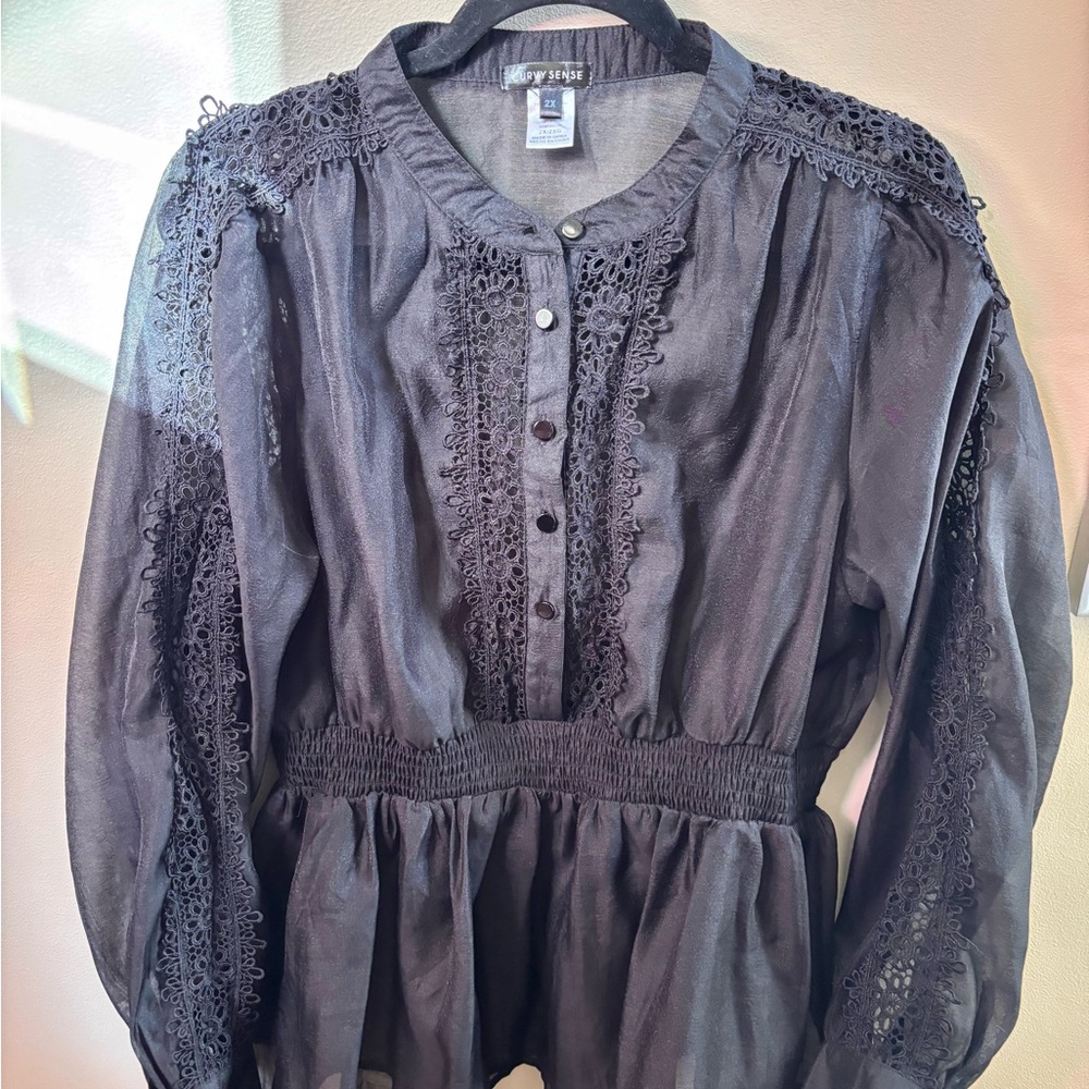 Elegant Black Lace Trim Blouse
